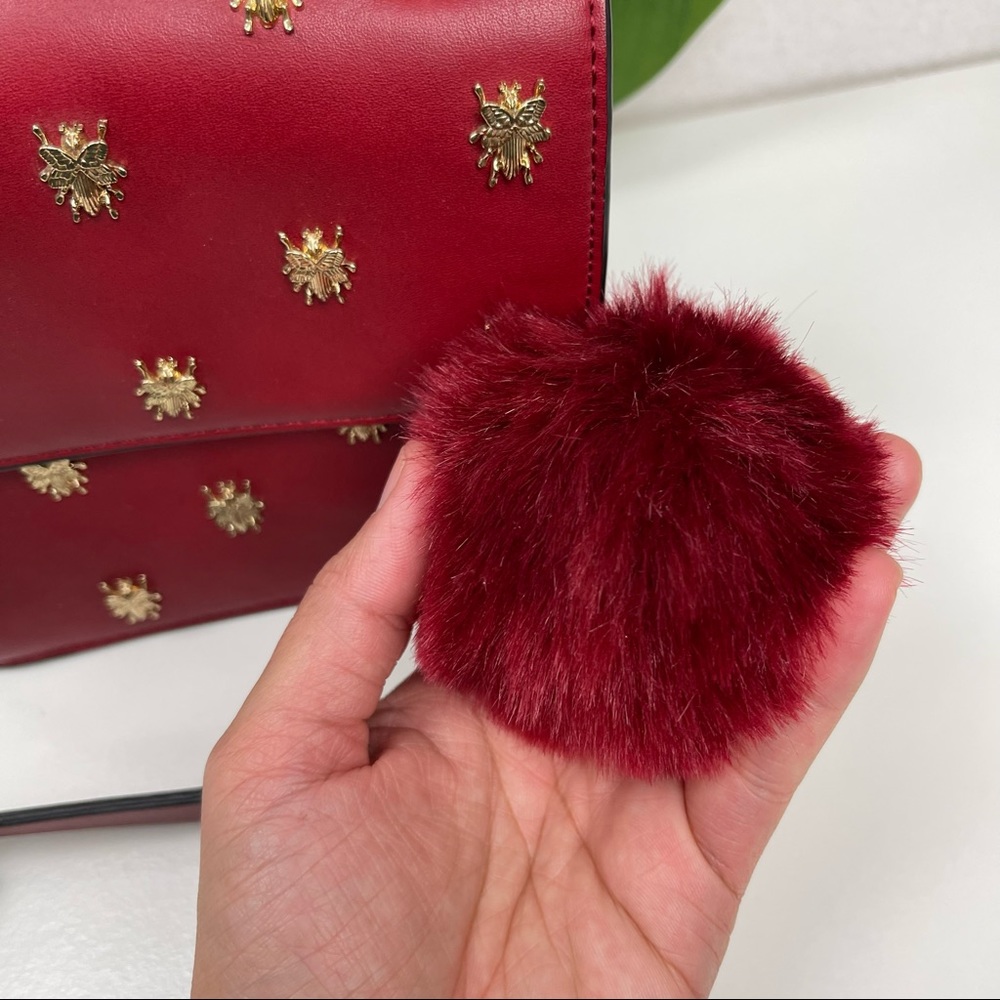 Zara Red Crossbody Bag with Gold Bee Studs and Pom Pom - Picture 6 of 12